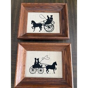 Vtg Pair Horse Drawn Carriage Silhouette Wood Framed‎ Linen Rectangle Pictures